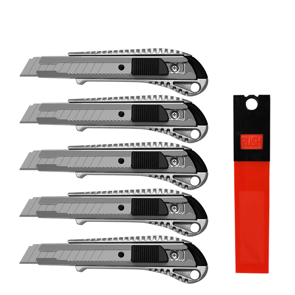 5 x Premium Aluminium Die-Cast Cutter Knife 18 mm Utility Knife Includes 10 x Snap Off Blades for Cardboard Package Carpet knife